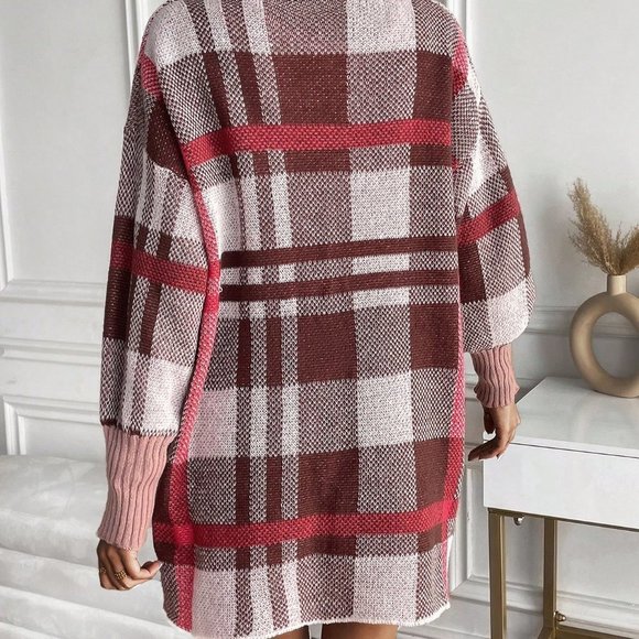 Multicolor Casual Womens Plaid Pattern Lantern Sleeve Duster Cardigan - Picture 2 of 5